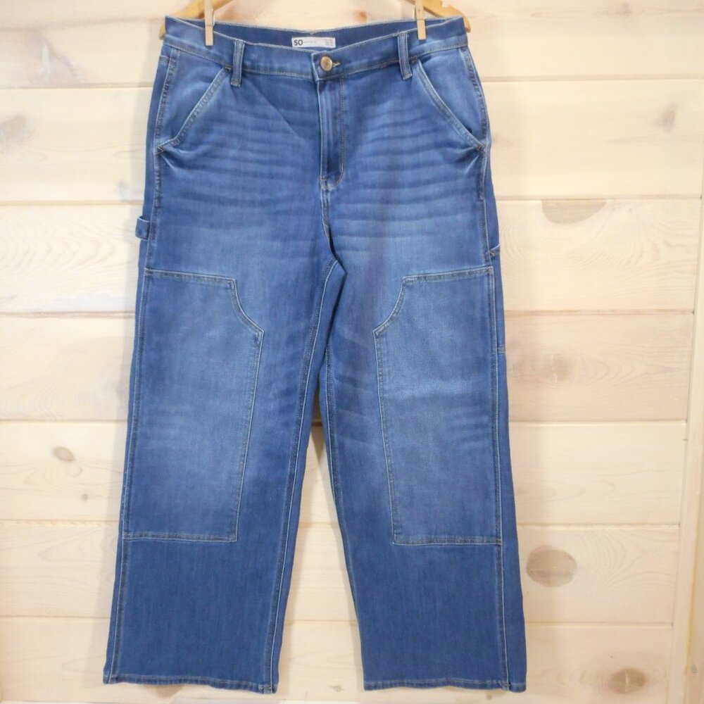 SO Juniors Size 13 / 31W High Rise Wide Leg Jeans Stretch Denim Blue Carpenter